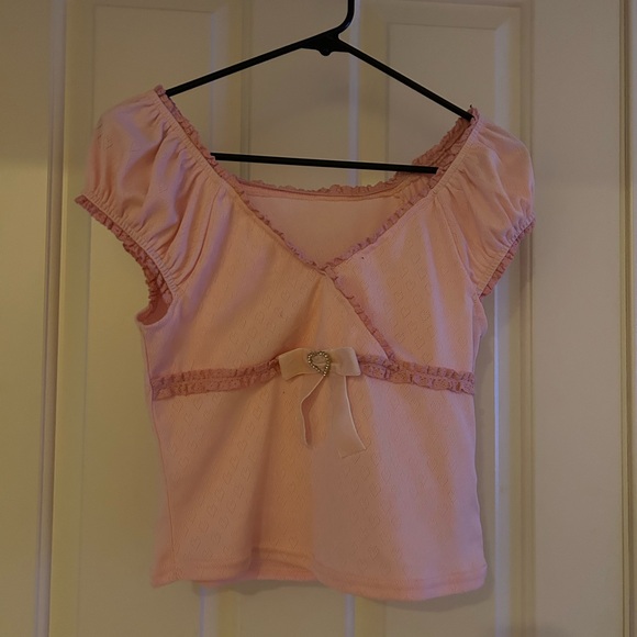 SHEIN Tops - Shin Pink Puff-Sleeve Ruffle Blouse Size Medium